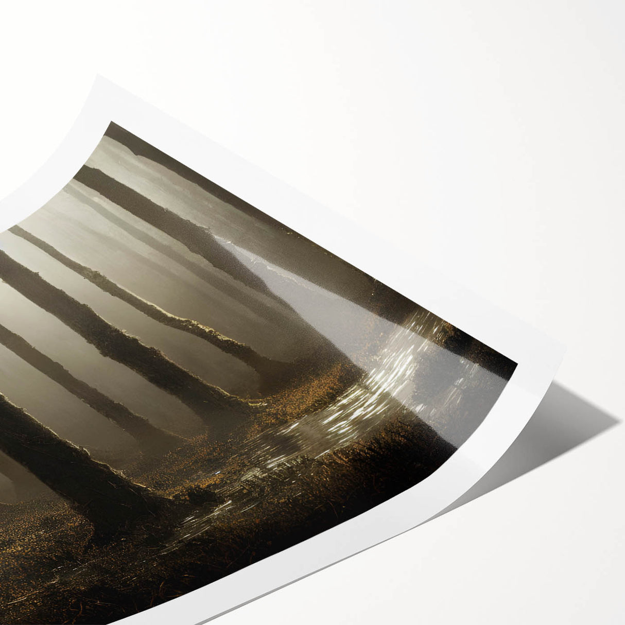 Vibrant rolled print showcasing a serene marsh landscape with lush greenery and reflective water, perfect for home decor and nature-inspired art collections.