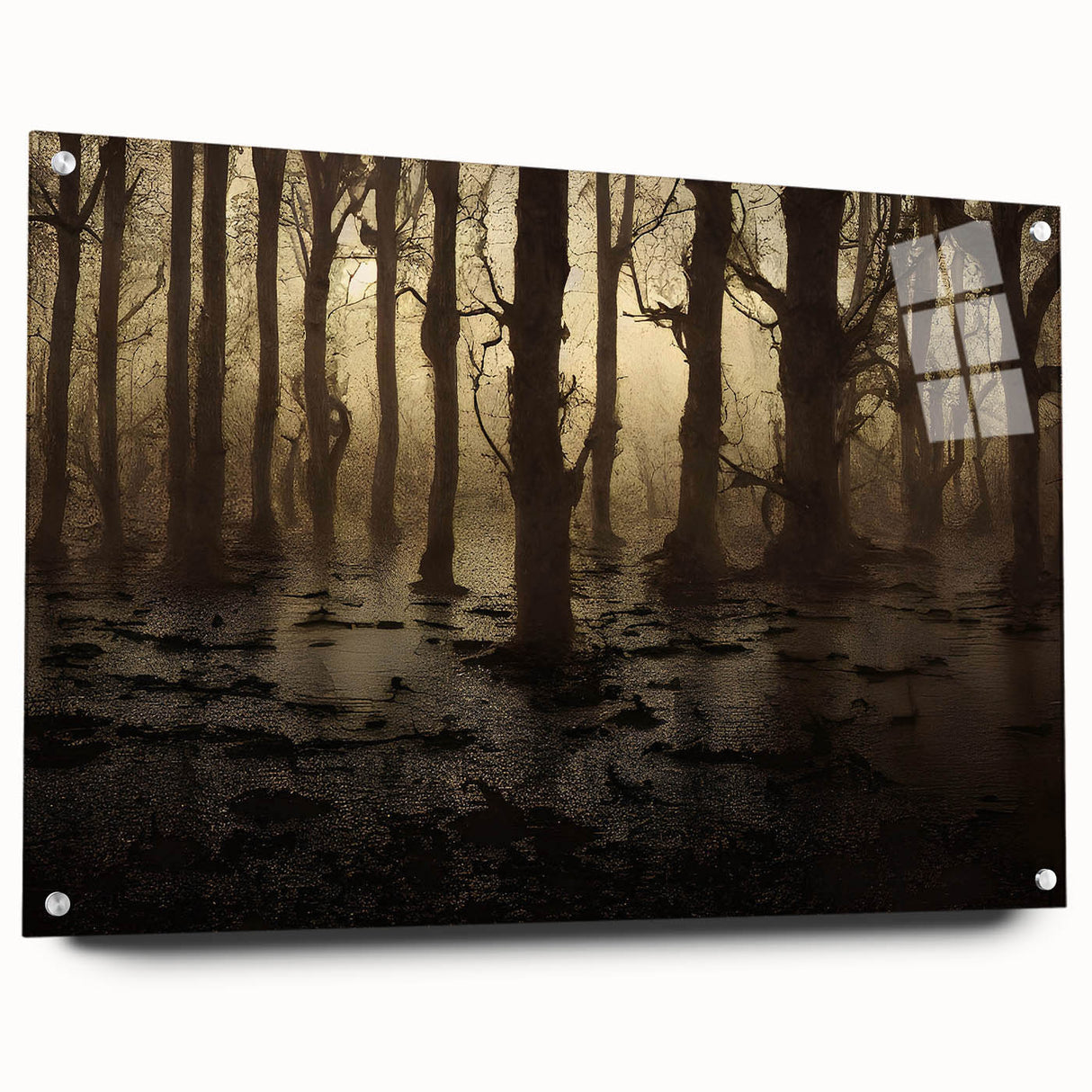 Acrylic glass wall art featuring a detailed landscape of a marsh and swamp, showcasing vibrant greens and blues with decorative pins for easy hanging, perfect for nature enthusiasts.