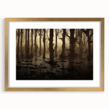 Framed wall art showcasing a serene marshland scene in a gold frame, complete with a mat, ideal for enhancing home decor with nature-inspired elegance.