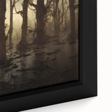 Close-up of a framed canvas wall art piece depicting a serene marsh landscape with lush greenery and calm water, perfect for home decor in nature-themed interiors.