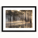 Framed wall art showcasing a serene marsh landscape with vibrant greenery and a tranquil swamp, featuring a black mat and frame, ideal for home decor.