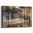 Framed canvas art featuring a serene marsh landscape with rich green foliage and tranquil water reflections, designed for a calming home decor aesthetic.