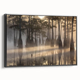 Framed canvas art featuring a serene marsh landscape with rich green foliage and tranquil water reflections, designed for a calming home decor aesthetic.