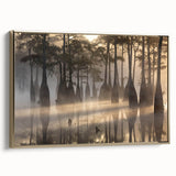 Framed canvas wall art showcasing a serene marsh landscape with vibrant greenery and golden accents, ideal for home decor. Perfect for nature enthusiasts and interior design lovers seeking tranquility and elegance in their space.