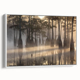 Framed canvas wall art showcasing a serene marsh landscape, featuring vibrant greens and blues, perfect for adding a touch of nature to home decor.