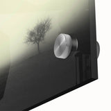 Close-up of a stunning acrylic wall art piece showcasing a misty landscape with soft fog enveloping trees, ideal for modern decor and nature enthusiasts.