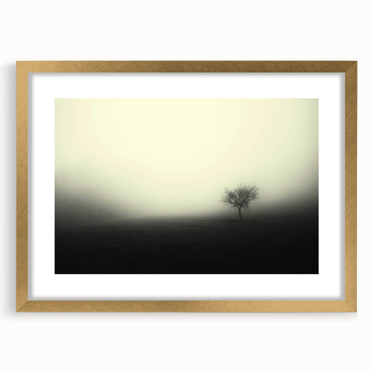 Framed wall art featuring a serene misty landscape design, highlighted with a gold frame and mat, perfect for enhancing home decor aesthetics. Ideal for nature lovers and modern interiors.