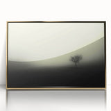 Framed acrylic wall art featuring a misty landscape design with soft fog and golden accents, ideal for sophisticated home decor.