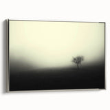 Framed canvas wall art showcasing a serene misty landscape with soft fog, featuring a silver frame that enhances its elegant design, perfect for home decor.