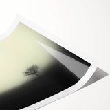 Serene landscape wall art print featuring misty mountains and foggy valleys in soft pastel colors, perfect for enhancing home decor and creating a tranquil atmosphere.