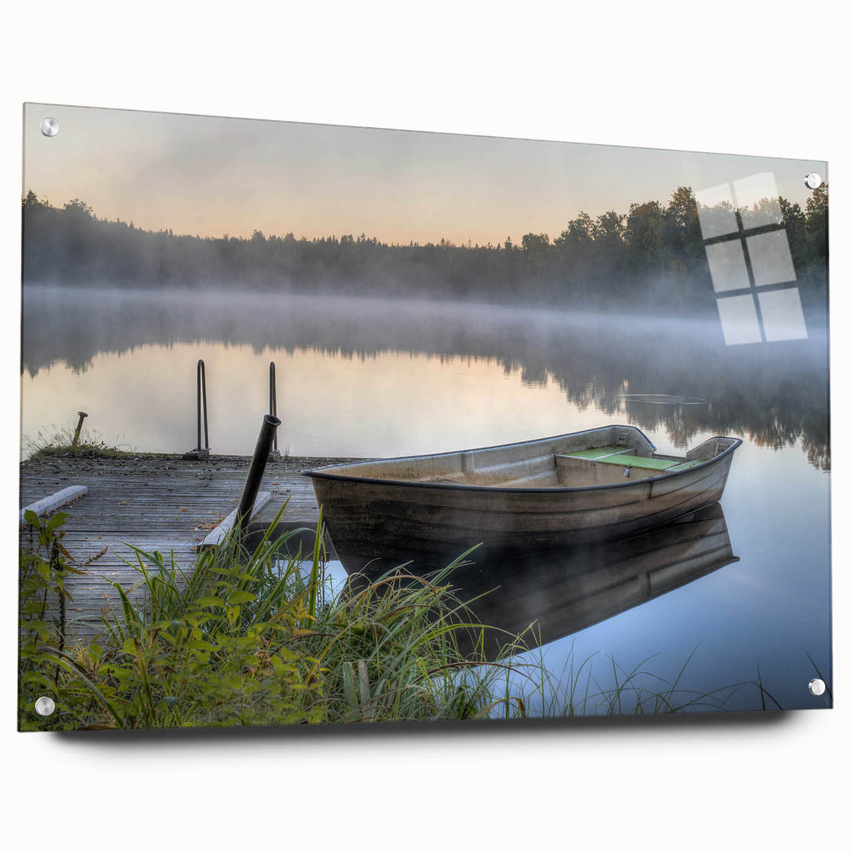 Acrylic glass wall art collection showcasing a serene landscape design with mist and fog, side view highlighting pin mounting for easy display. Perfect for enhancing modern home decor.