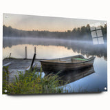Acrylic glass wall art collection showcasing a serene landscape design with mist and fog, side view highlighting pin mounting for easy display. Perfect for enhancing modern home decor.