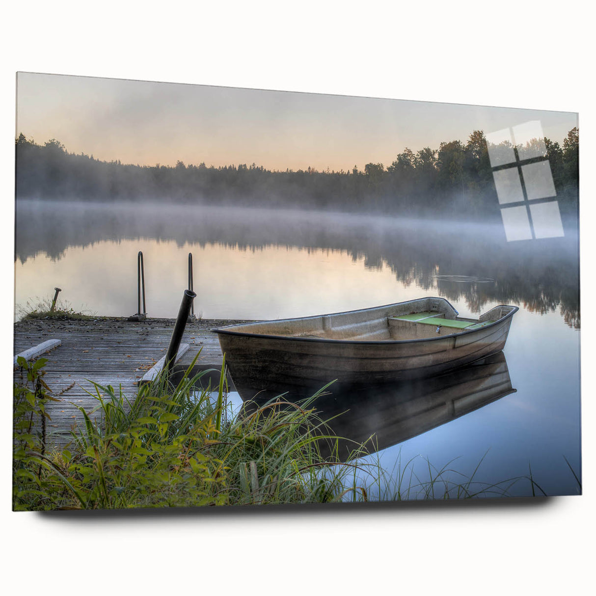 Acrylic glass wall art collection featuring a misty landscape design, showcasing soft fog and serene colors, perfect for adding a calming touch to modern interiors.