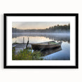 Framed wall art collection showcasing a serene landscape with mist and fog, featuring a sleek black frame and white mat, ideal for modern home decor.