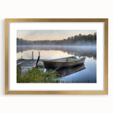 Framed wall art featuring a serene misty landscape design, enclosed in a gold-colored frame with a mat, perfect for enhancing home décor and creating a calming atmosphere.