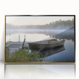 Framed acrylic wall art featuring a serene landscape with misty fog over a lush forest, accented by a stylish gold frame, ideal for modern home décor.