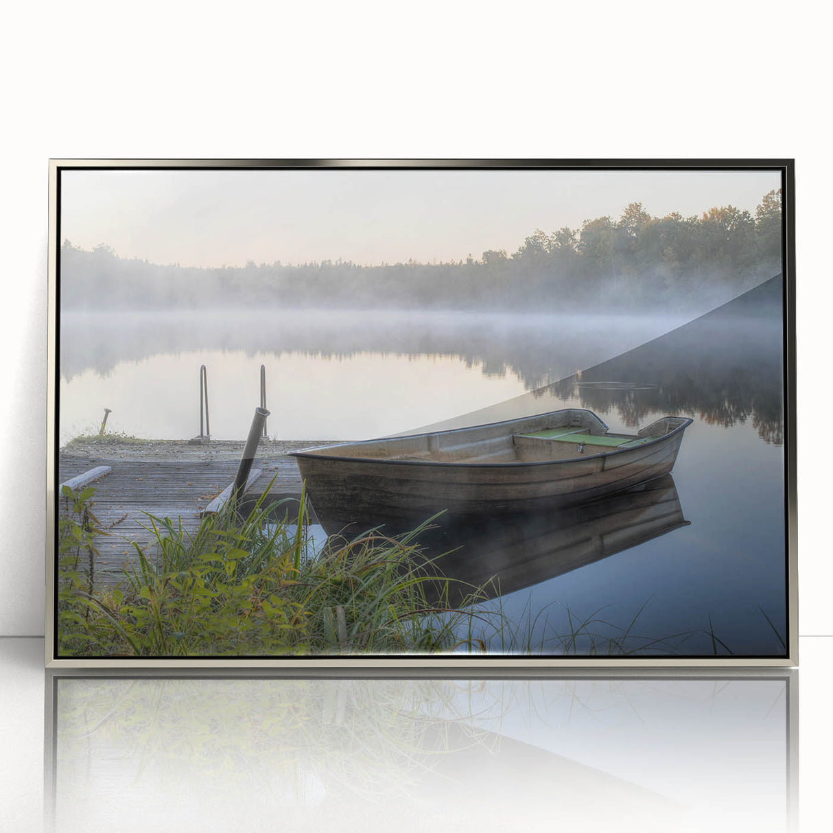 Framed wall art collection showcasing a misty landscape design with soft fog and subtle silver accents, ideal for enhancing modern home decor aesthetics.