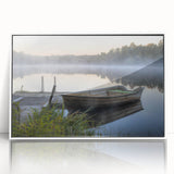 Framed wall art featuring a serene landscape design with mist and fog, displayed in a white frame, ideal for home decor and adding tranquility to any space.