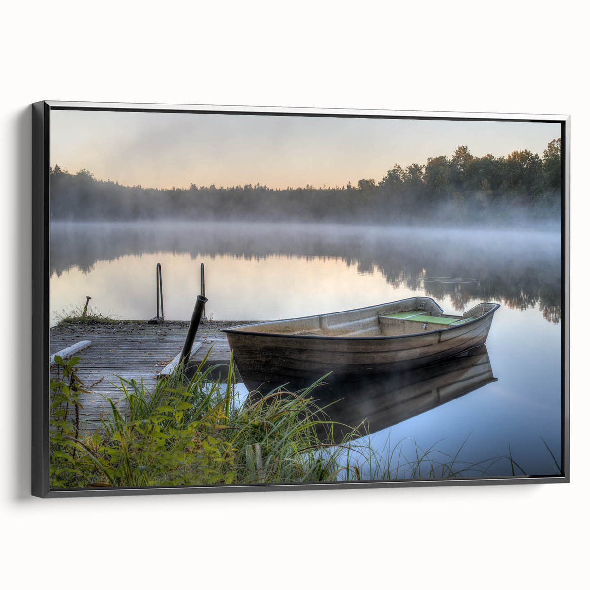 Framed wall art showcasing a misty landscape design with foggy tones, presented in a sleek black frame, perfect for enhancing modern home decor.
