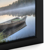 Close-up of a framed canvas print showcasing a misty landscape design with soft fog tones, perfect for enhancing home decor aesthetics in living spaces or offices.