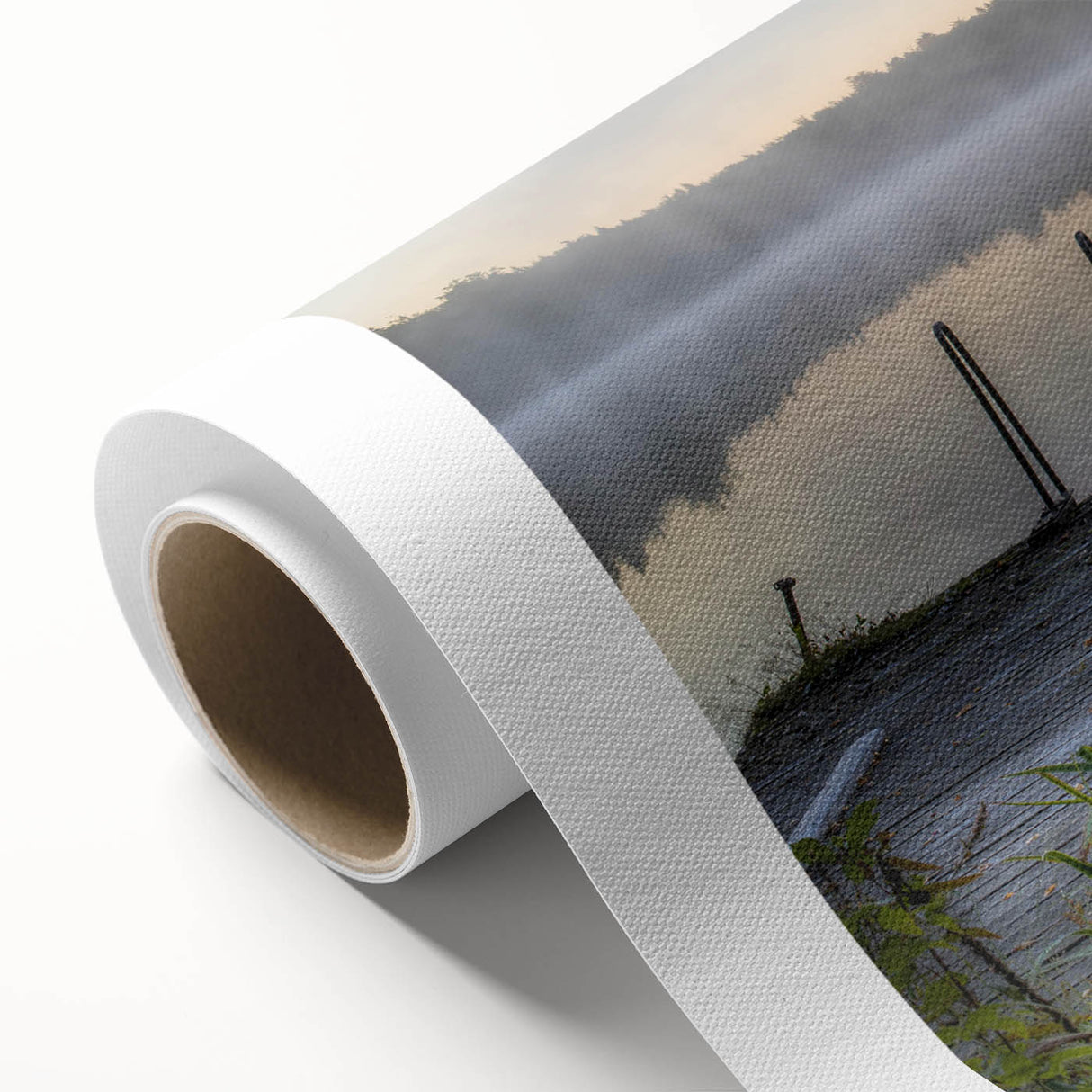 Moody landscape wall art featuring misty fog over serene mountains, rendered on high-quality rolled canvas, perfect for enhancing home decor with a tranquil atmosphere.