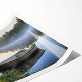 Rolled print of a serene landscape featuring misty fog over a tranquil lake, showcasing soft pastel colors and a calming atmosphere, perfect for modern home decor.