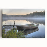 Stretched canvas artwork showcasing a serene misty landscape design in soft greys and blues, perfect for adding a calming touch to home decor.