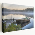 Stretched canvas wall art showcasing a serene misty landscape with soft fog and muted colors, ideal for enhancing home decor with a calming aesthetic.