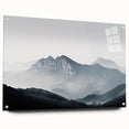 Acrylic wall art design showcasing a misty landscape with fog, presented in a sleek side view, featuring pins for easy wall mounting. Perfect for modern decor.