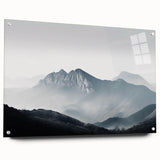 Acrylic wall art design showcasing a misty landscape with fog, presented in a sleek side view, featuring pins for easy wall mounting. Perfect for modern decor.
