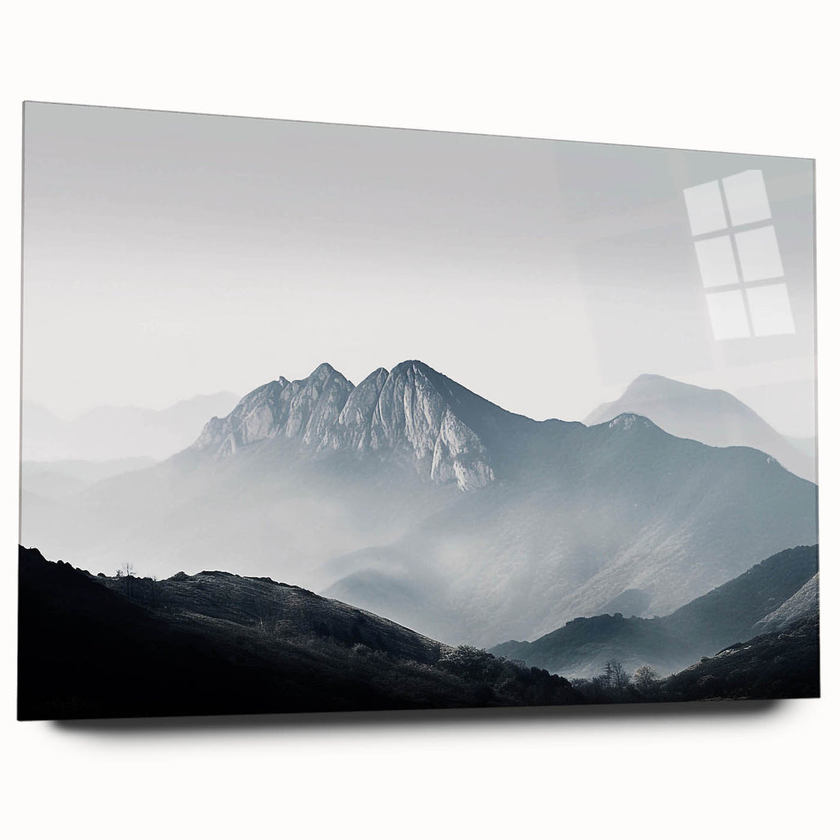 Acrylic glass wall art featuring a serene landscape design with mist and fog, showcasing soft colors and smooth edges. Perfect for home decor and modern aesthetics.