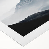 Rolled canvas artwork showcasing a serene landscape shrouded in mist, featuring soft hues of blue and gray, ideal for modern home decor or office settings.