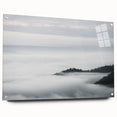 Acrylic glass wall art showcasing a serene misty landscape design, displayed in a side view with decorative pins, ideal for modern home decor.