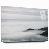 Acrylic glass wall art showcasing a serene misty landscape design, displayed in a side view with decorative pins, ideal for modern home decor.