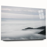 Acrylic glass wall art showcasing a serene misty landscape design, featuring soft hues of blue and gray, elegantly displayed from a side view without pins. Perfect for enhancing modern decor.