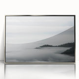Framed acrylic wall art showcasing a serene misty landscape design in silver, ideal for modern home decor, adding elegance and tranquility to any space.