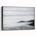 Framed canvas wall art showcasing a serene landscape design with mist and fog, featuring a black frame and a side view display, perfect for modern decor.