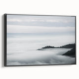 Framed canvas wall art showcasing a serene landscape design with mist and fog, featuring a black frame and a side view display, perfect for modern decor.
