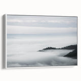 Framed canvas wall art featuring a serene foggy landscape design, showcasing muted colors of gray and white, perfect for modern home decor. Ideal for adding tranquility to any room.