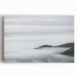 Stretched canvas wall art featuring a serene landscape design with mist and fog, showcasing soft colors and tranquil scenery, perfect for home decor.