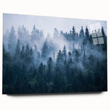 Acrylic wall art featuring a serene landscape design with mist and fog, elegantly displayed in a side view, showcasing its sleek finish and contemporary aesthetic. Ideal for modern home decor, this artwork enhances any living space with tranquility and sophistication.