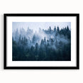 Framed wall art featuring a serene misty landscape design with a black frame and white mat, perfect for home decor to create a calming atmosphere.