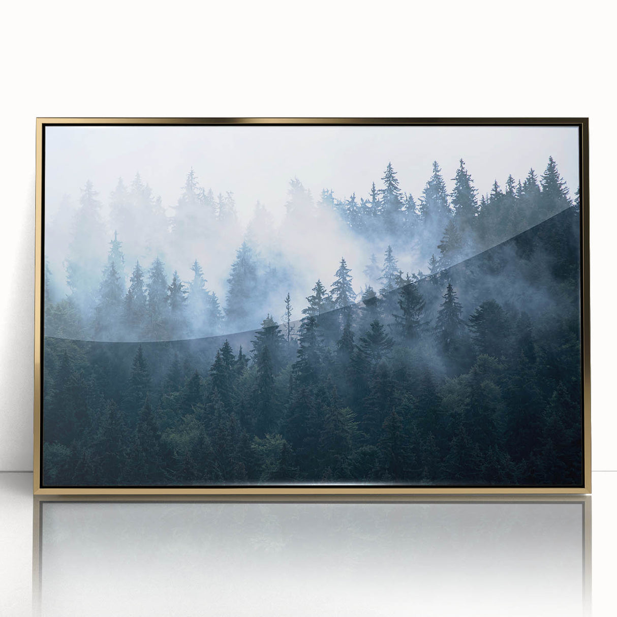 Framed acrylic wall art featuring a misty landscape design with foggy elements, encased in a sleek gold frame, enhancing any modern decor. Perfect for adding tranquility to living spaces.