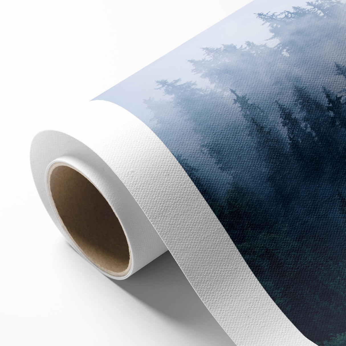 Rolled canvas artwork showcasing a serene landscape design enveloped in mist and fog, featuring soft hues of gray and blue, perfect for home decor.