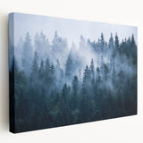 Stretched canvas wall art showcasing a serene misty landscape design with soft gray and blue tones, ideal for modern home decor, enhancing tranquility and elegance.