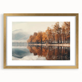 Framed wall art featuring a serene landscape design with mist and fog, elegantly presented in a gold frame with a mat, ideal for home decor.