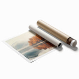 Rolled print artwork showcasing a serene landscape design with mist and fog, featuring soft color gradients and abstract forms, ideal for home decor. Perfect for adding tranquility to any space.