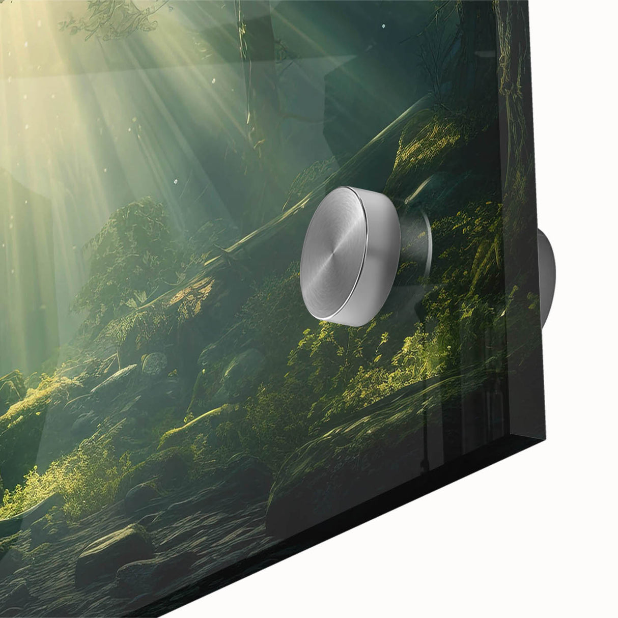Close-up of a stunning acrylic glass wall art piece featuring a misty landscape design, showcasing soft fog and tranquil colors, perfect for modern home decor.