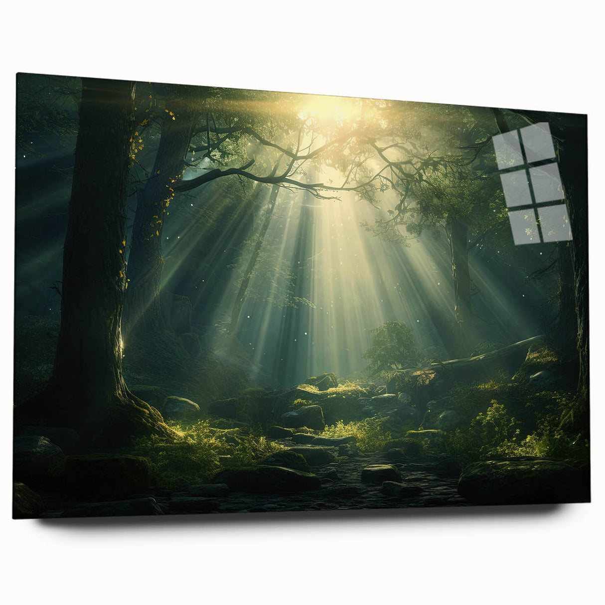 Acrylic glass wall art featuring a serene misty landscape design, showcasing soft gray and blue tones, perfect for modern home decor. Ideal for adding tranquility to living spaces.