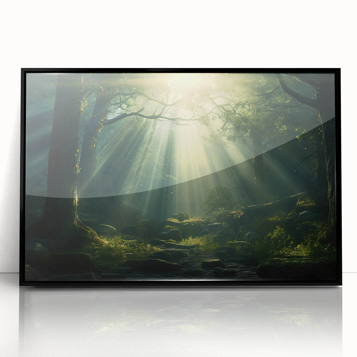 Framed acrylic wall art featuring a serene landscape design with mist and fog, showcasing soft colors and intricate details, perfect for modern home decor.